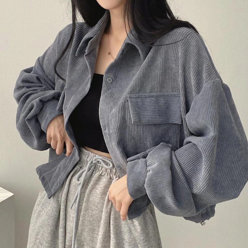 Women Casual Autumn Loose Corduroy Long-sleeved Shirt Turn-down Collar Retro Coats Solid Color Shirts