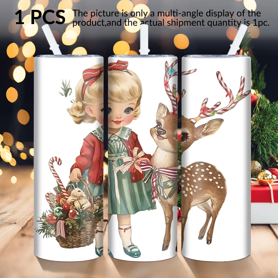 1pc 20Oz stainless steel straight cup with lid straw Little girl and deer elements are suitable forChristmasand Halloweenasgifts