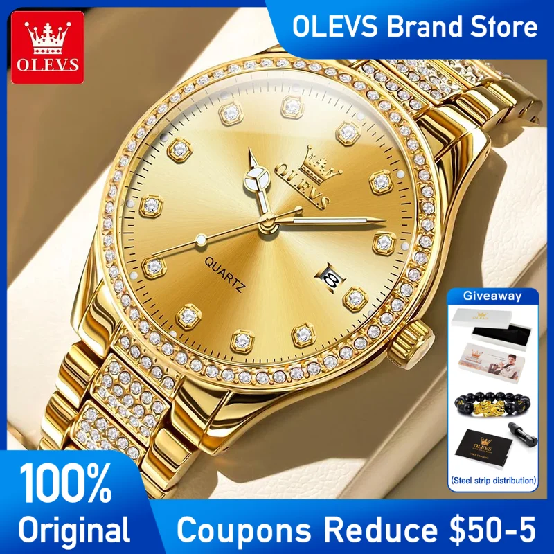 

OLEVS Watches For Men Golden luxury Classics Brand Quartz Wristwatch Zircon Inlaid Reloj Waterproof Luminous Date