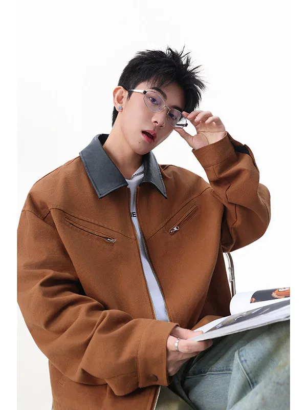 

TANGZ STUDIO Waed Canvas ort Jaet Men's Cleanfit Detroit Workwear Jaet Trendy Loose Fit Long Sve Zipper Closure