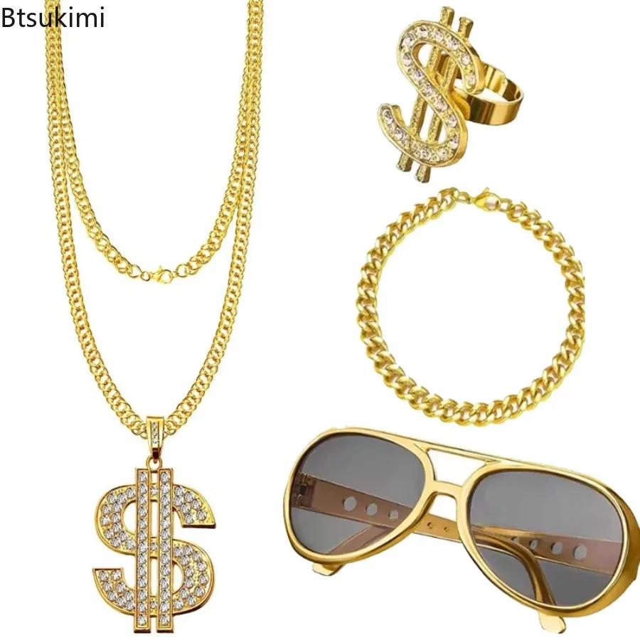 Fancy Halloween Party Cosplay Costume Props Glasses Bracelet Necklace Ring Hip Hop Stage Dance Rapper Disco Dress Up 4 PCS Set