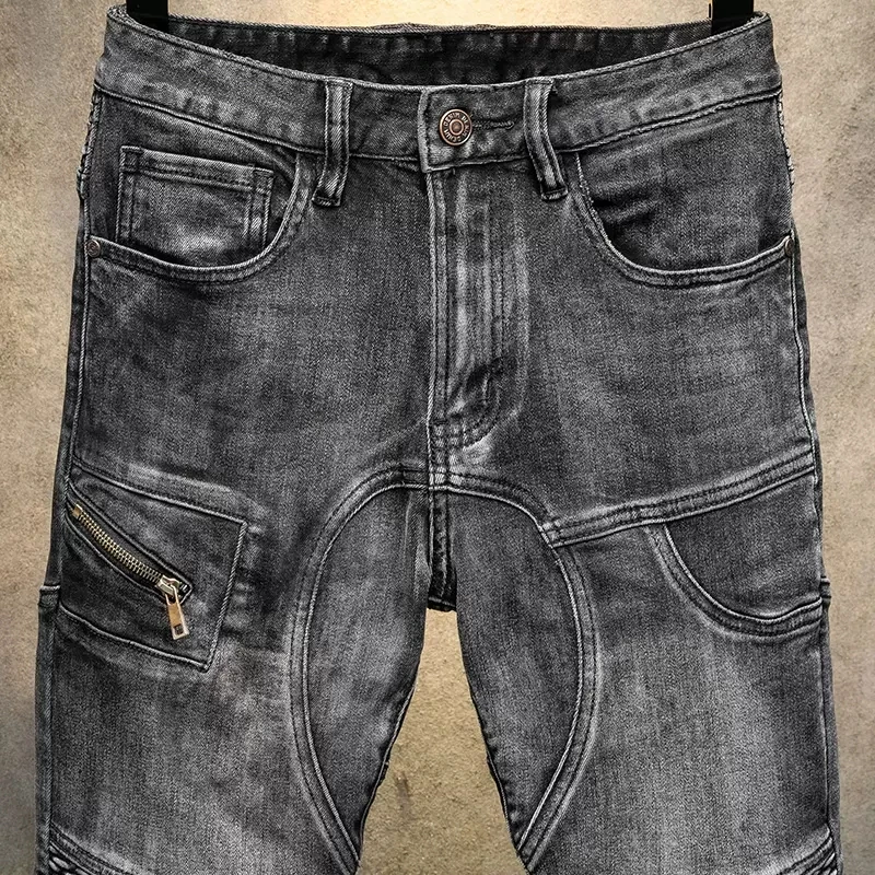 High Street Fashion Men Jeans Retro Black Gray Stretch Elastic Skinny Biker Jeans Men Spliced Patched Designer Hip Hop Pants