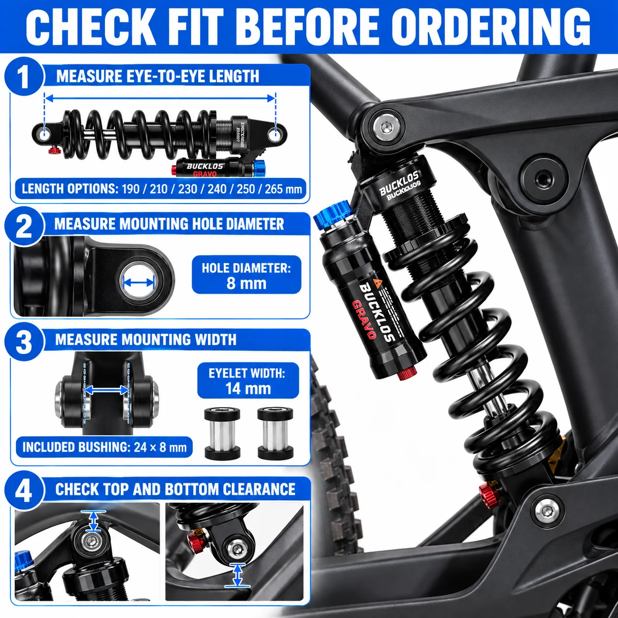 BUCKLOS MTB Coil Rear Shock 550LBS Adjustable Compression Rebound 190-265mm Suspension Absorber for AM FR DH E-Bike Cycling