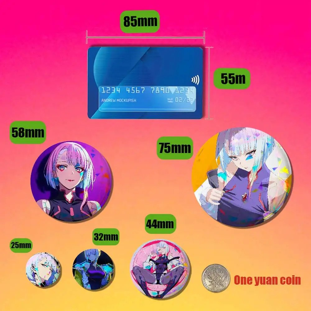 For Lucy C-Cyberpunk Badge Cover Custom Pin Insignia Emblem Round 32mm Button Hats Laser Film