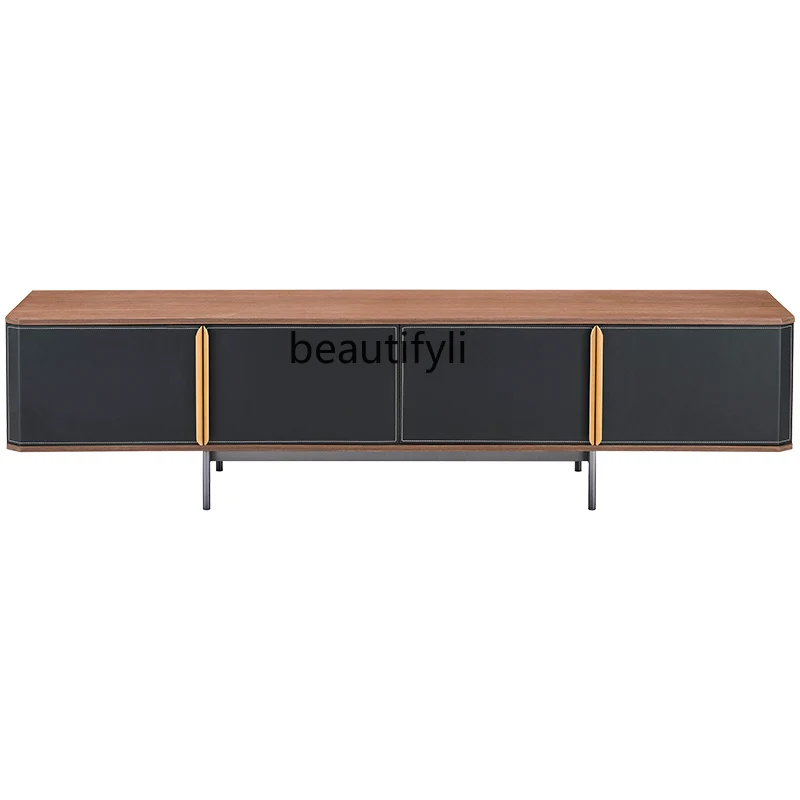 

CXH TV Cabinet Black and Hard Leather Walnut Floor Cabinet Nordic Style Living Room Furniture