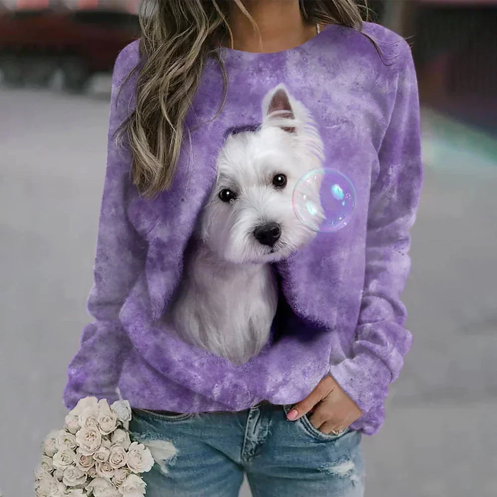 Brand New Kawaii Fashion Women Cute Furry Puppy Animal Print T-Shirt Home Women Pullover Crew Neck Women Sweatshirt Comfortable