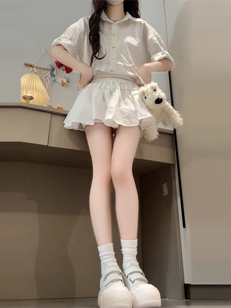 Blanc irt Dr femmes taille haute a-ligne jupe ensemble coréen Sle confortable Polyester mélange longue Sve été nouveauté