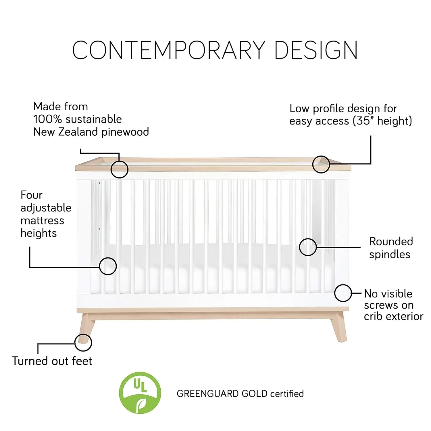 Berço Conversível Babyletto Scoot, Kit de Conversão Cama Criança, Branco e Natural, Certificado Ouro Greenguard, 3 em 1