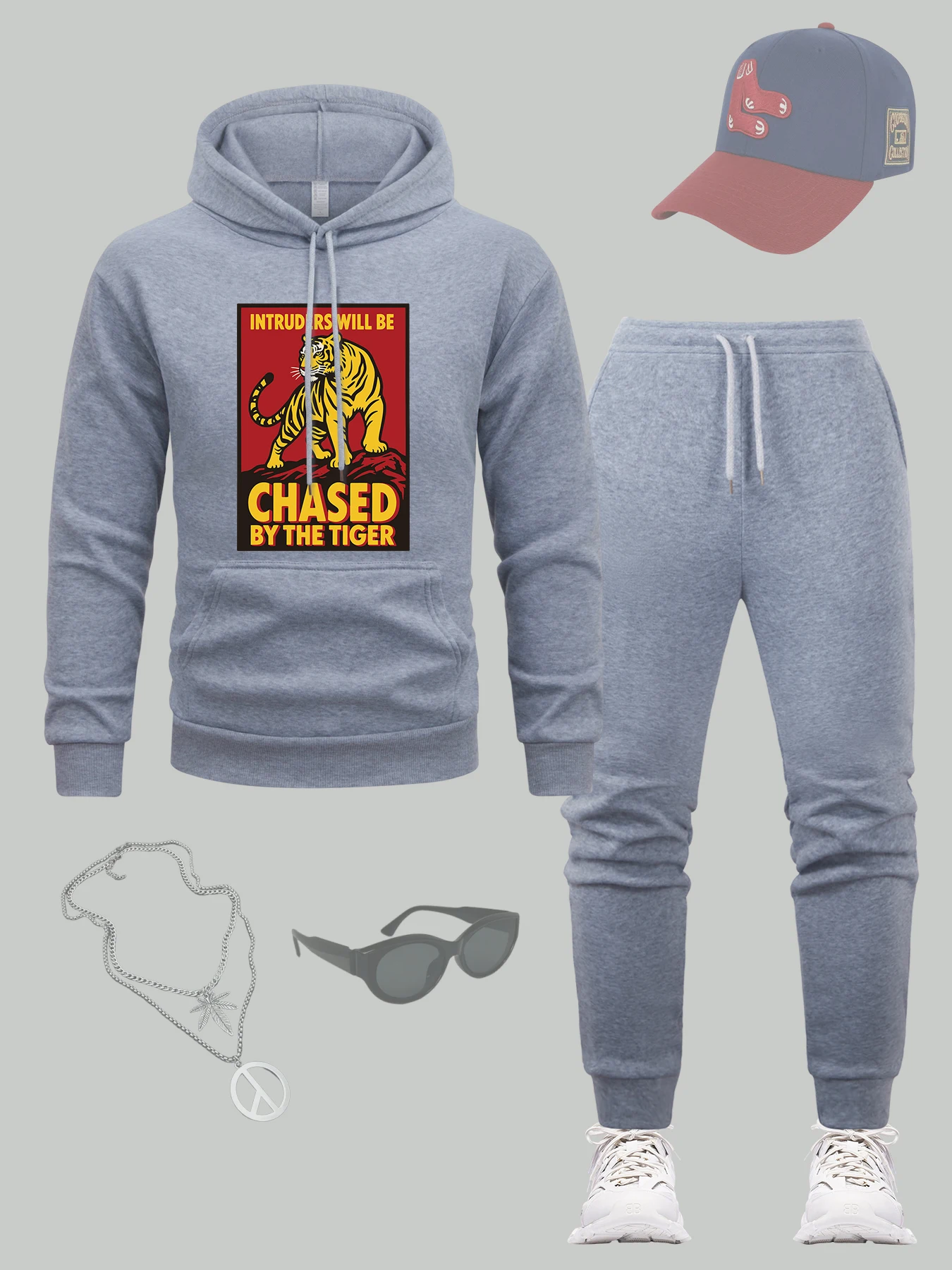 

Intruders Will Be Chased By The Tiger Printed Men Hoody Set Hip Hop Pocket Pullovers Autumn Loose Jogging Pants Comfy Men'S Sets