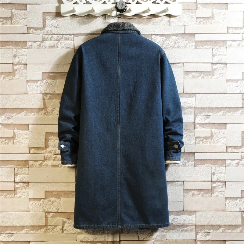 Denim Trench Coat Men's Mid-length Autumn-winter Day Fashion Brand Retro Casual Loose and Fleece Large Size Lapel Coat