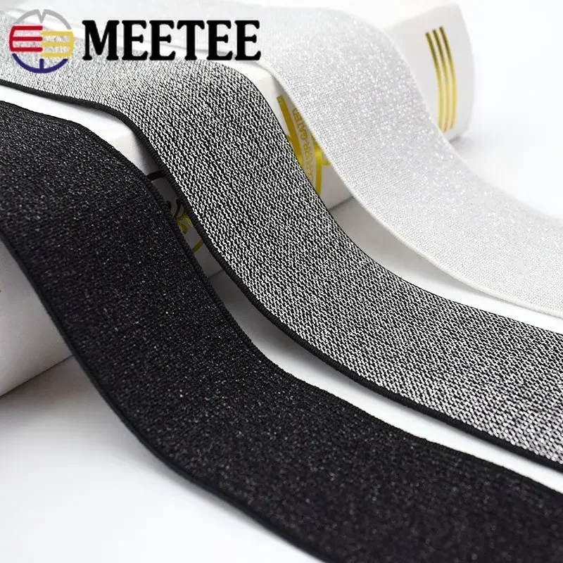 2/5/10Meters Meetee 10-50mm Gold Silver Silk Elastique Band Glitter Rubber Webbing DIY Waistband Dress Belt Sewing Accessories