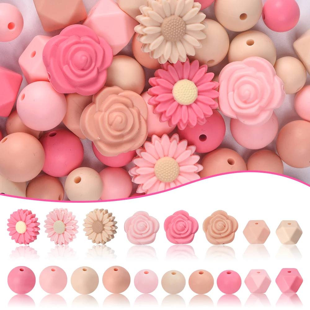 LOFCA 50pcs Soft Silicone Flower Round Teething Beads Mixed Set For DIY Bracelet Necklace Jewelry Crafting accessories Wholesale view 2