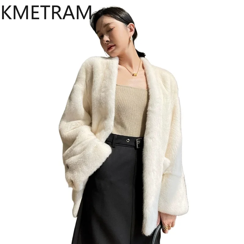 KMETRAM Women's Natural Mink Fur Coat V-Neck Short Fur Jacket 2026 New Winter Loose Luxury Outerwear Woman Clothing шуба женская