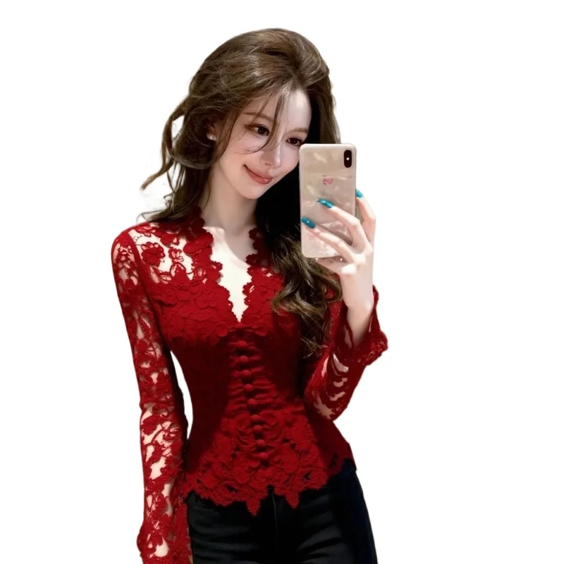 

Изысканная элегантная женская блузка с V-образным вырезом и кружевной отделкой на талии, новинка осенне-зимнего сезона, коллекция к Новому году