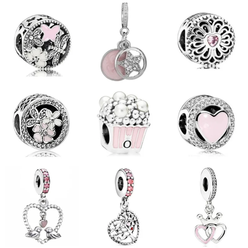 New Pink Series Heart Charms Beads Mom Bracelets Accessories Necklace Pendant Mother's Day Gift For Pandora DIY Jewelry Making