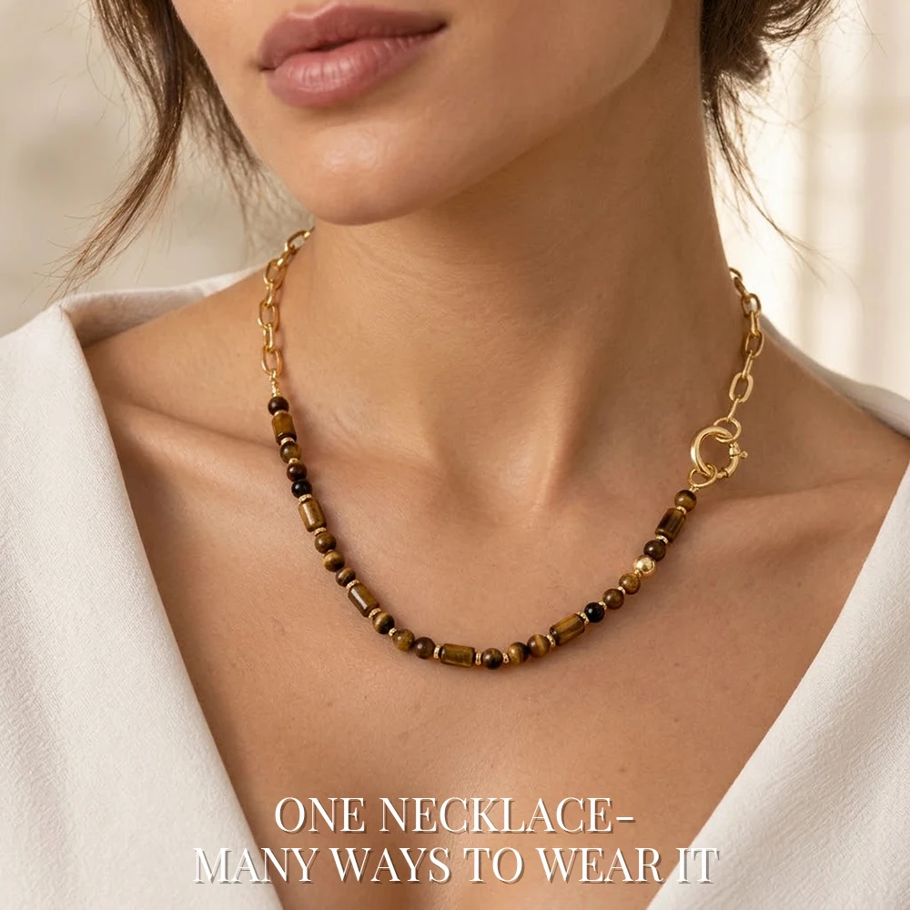 1pc Golden Link Chain Necklace with Brown Round and Faceted Barrel Beads Square Transparent Pendant Vintage Statement Design