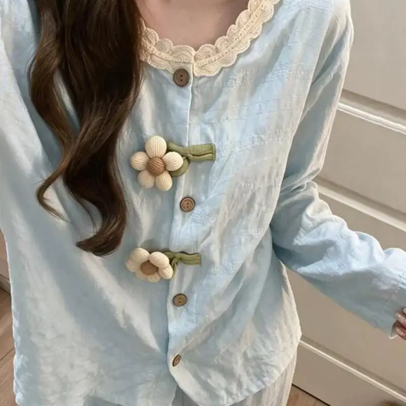 Women's Spring Autumn New Long Sleeve Long Pants Home Clothe Set Student Cute Style Small Flower Pajama Women Soft Two Piece Set