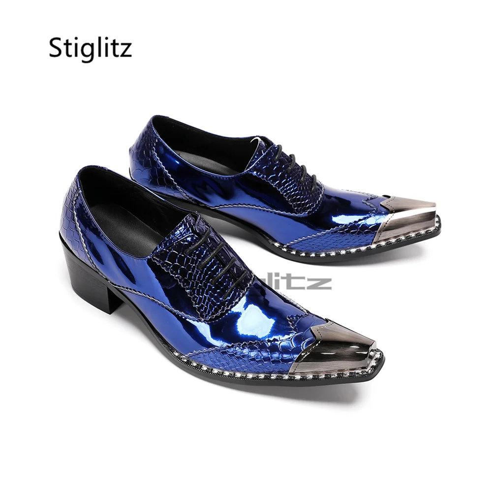 Men's Blue High Heels Oxford Shoes Genuine Leather Snake Pattern Metal Pointed Toe Lace Up Wedding Stage Dress Business Shoes
