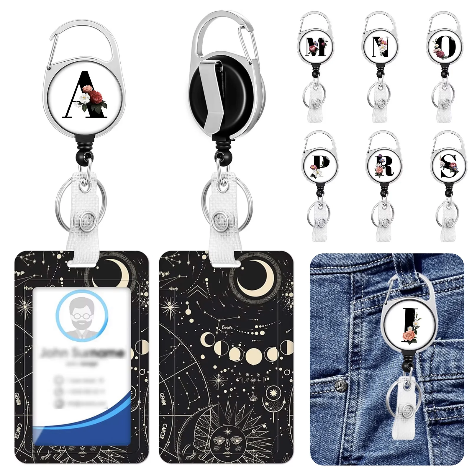 ID Badge Holders with Metal Clip and Keyring Letter A-Z,Vertical Clear Plastic ID Card Holders Retractable Pull Cord for Office