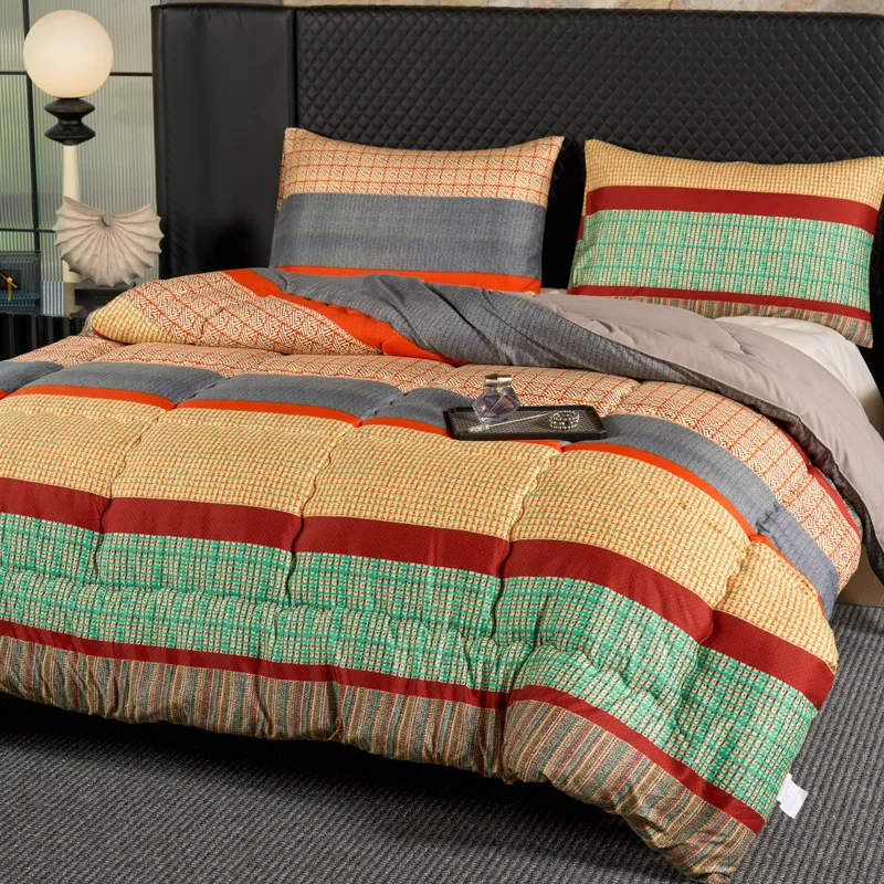 1PC， vintage contrasting striped printed Bohemian style winter blanket, thick and warm winter single and double duvet