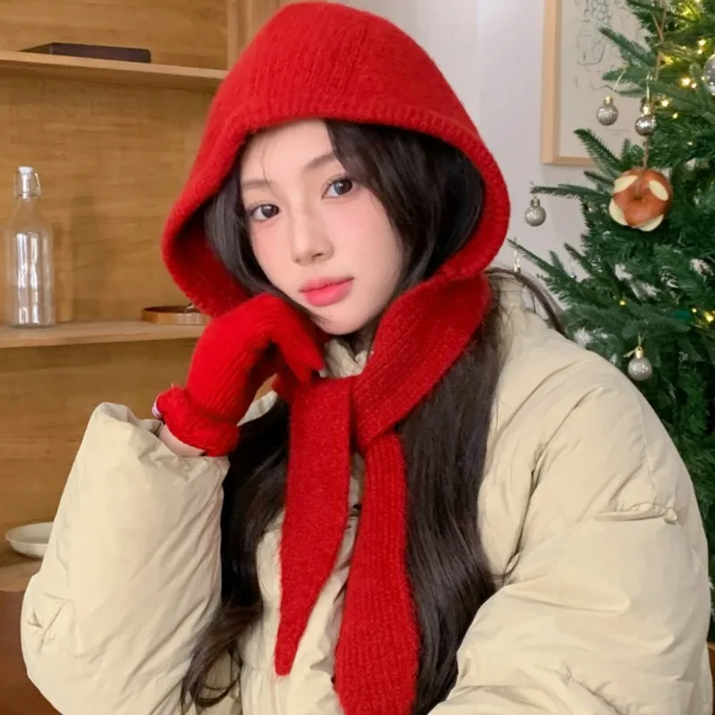 

Korean Knitted Hat Scarf Winter Beanie for Women Warm Ear Protection Windproof Ear Neck Protection Thickened Cycling Outdoor Hat