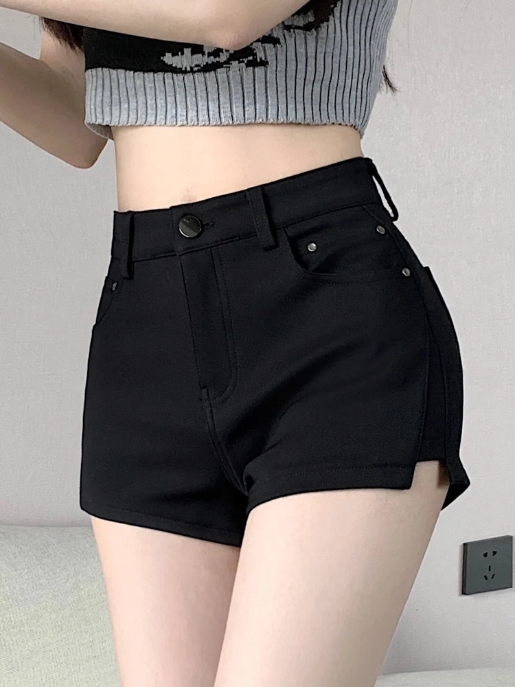 

Black Suit Short Pants Women's High Waist Slimming Split Three-quarter Length Elastic Ultra-short Hot Pants Commute Style