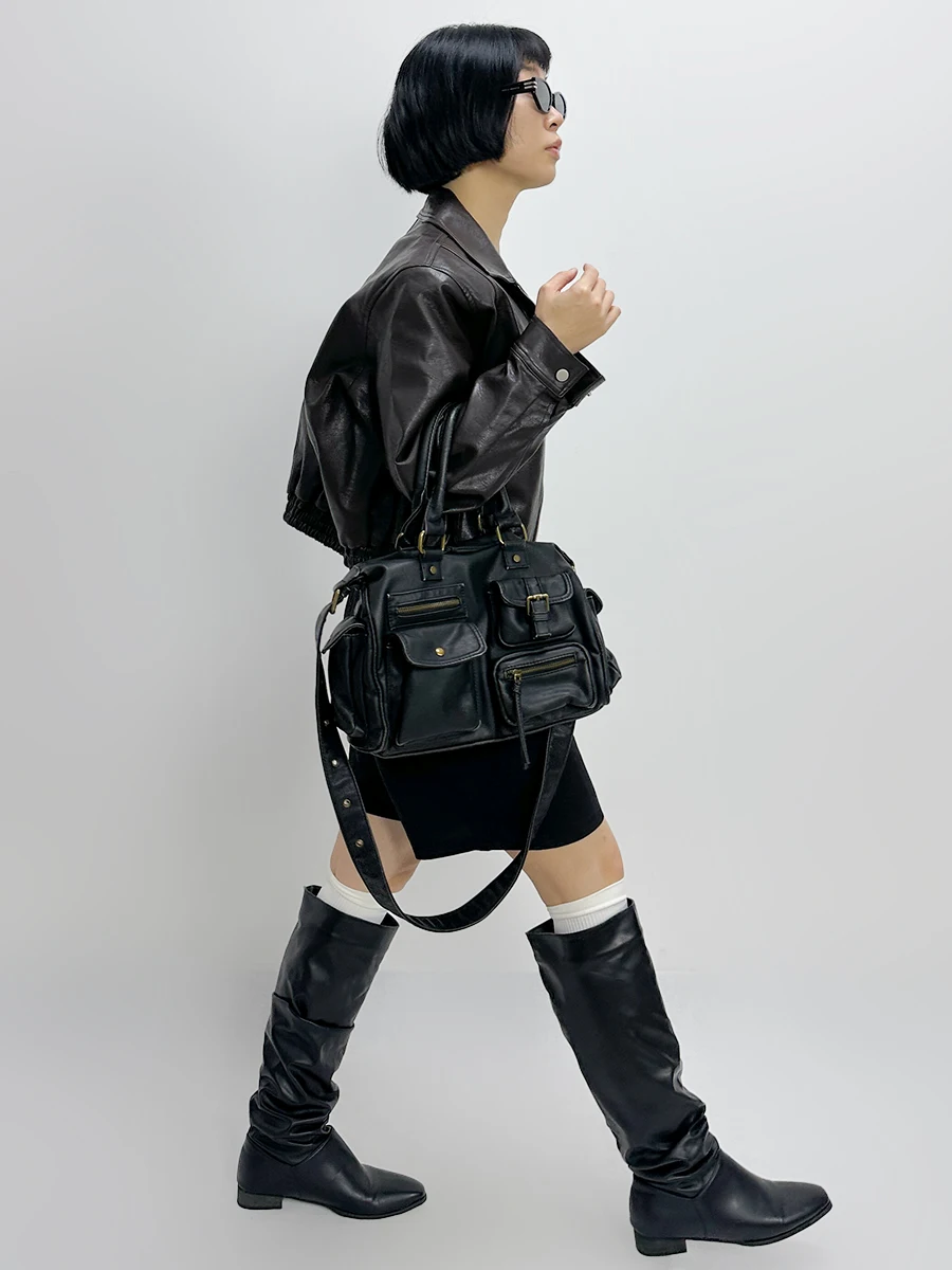 Cool Motorcycle Vintage Crossbody Bag Single Shoulder Yau Tool Kit Handbag Casual Chic Pu Leather Square Shape