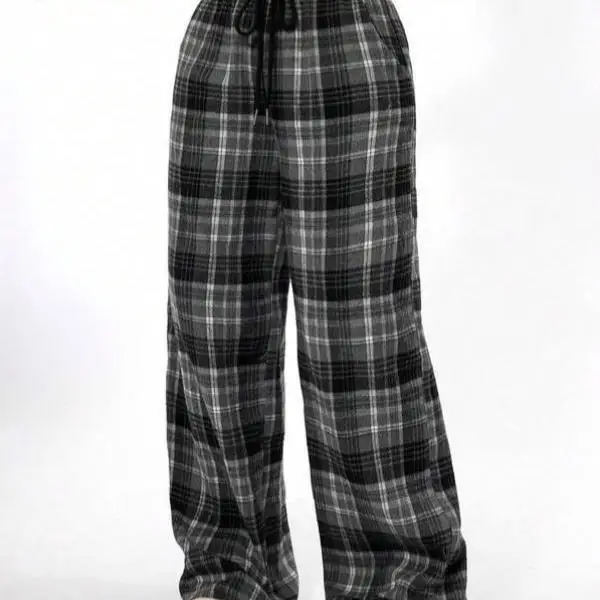 

Cross-Border New Men's Casual Pants Women's Plaid Print Dstring High Waist Straight Leg Soldier Pants ex Neutral