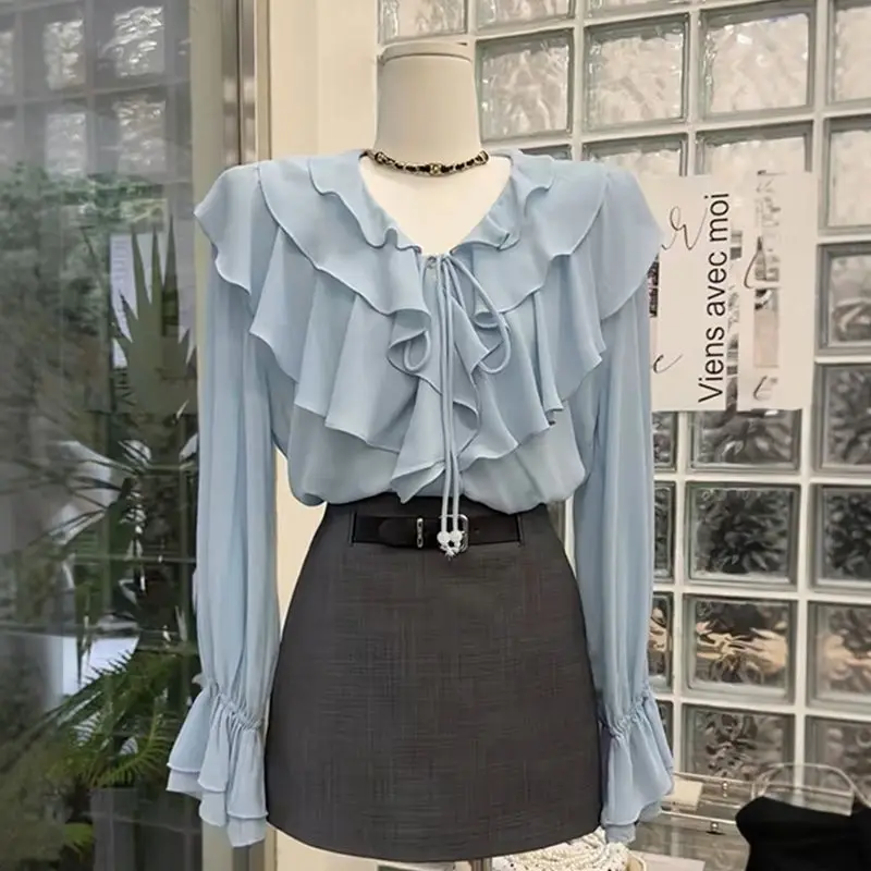 

French Elegant RufflesVCollar Long Sleeve Shirt Women2025Spring New Gentle Elegant Fashion Sweet Top