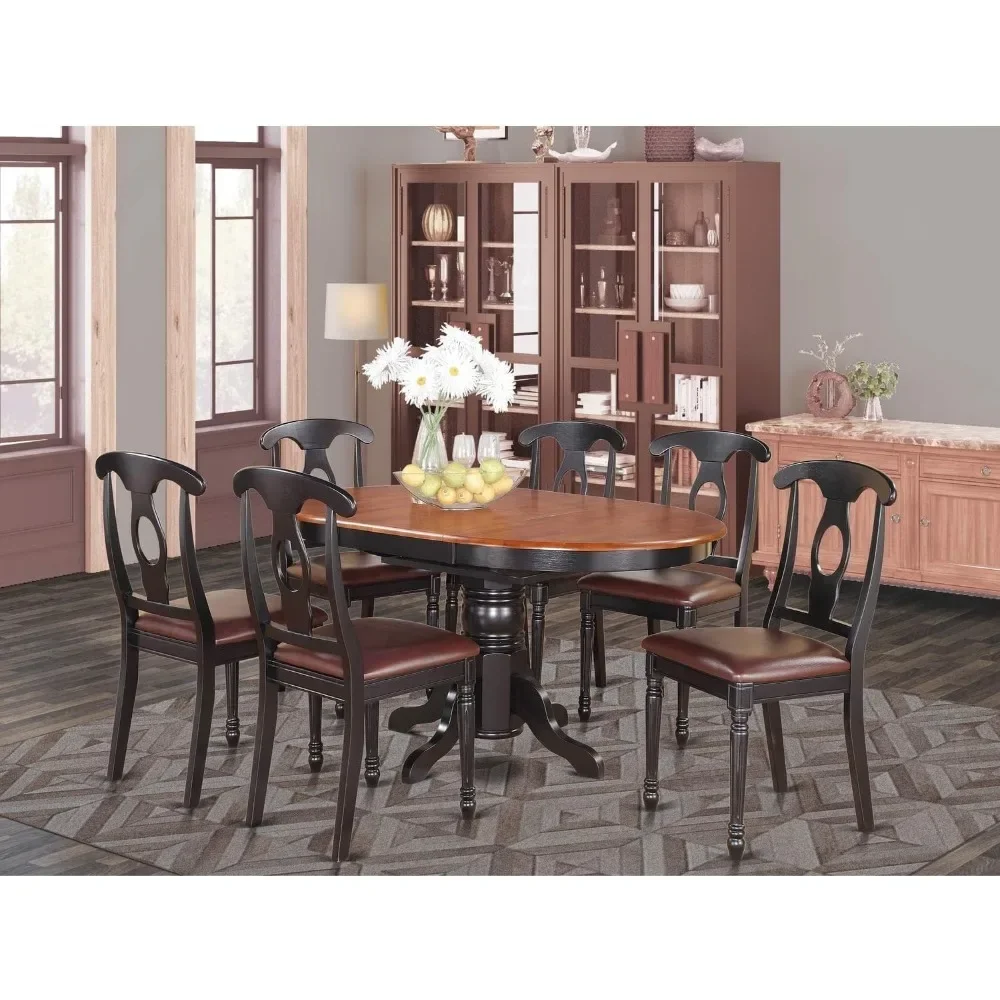 7 Piece Dining Table Set, Consist of Oval Table with Butterfly Leaf, 6 Faux Leather Upholstered Chairs, 42x60 In Dining Room Set