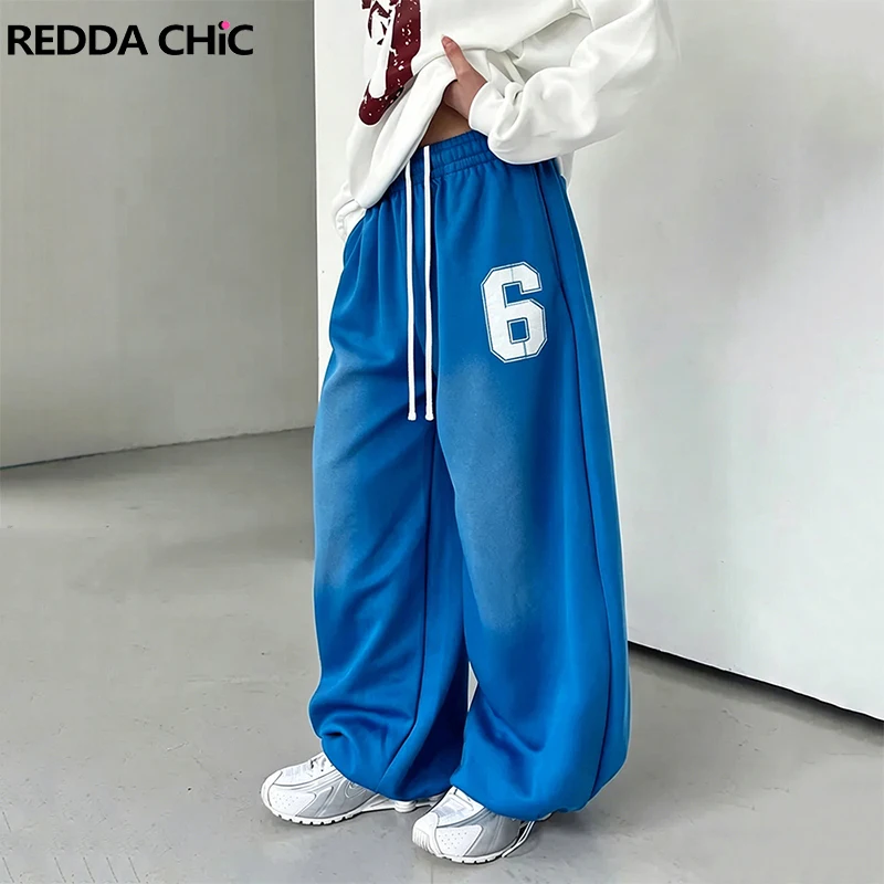 REDDACHiC Drawstring Baggy Sweatpants for Women Hiphop Do Old Elastic Waist Number Printing Palazzo Pants Workout Everyday Wear