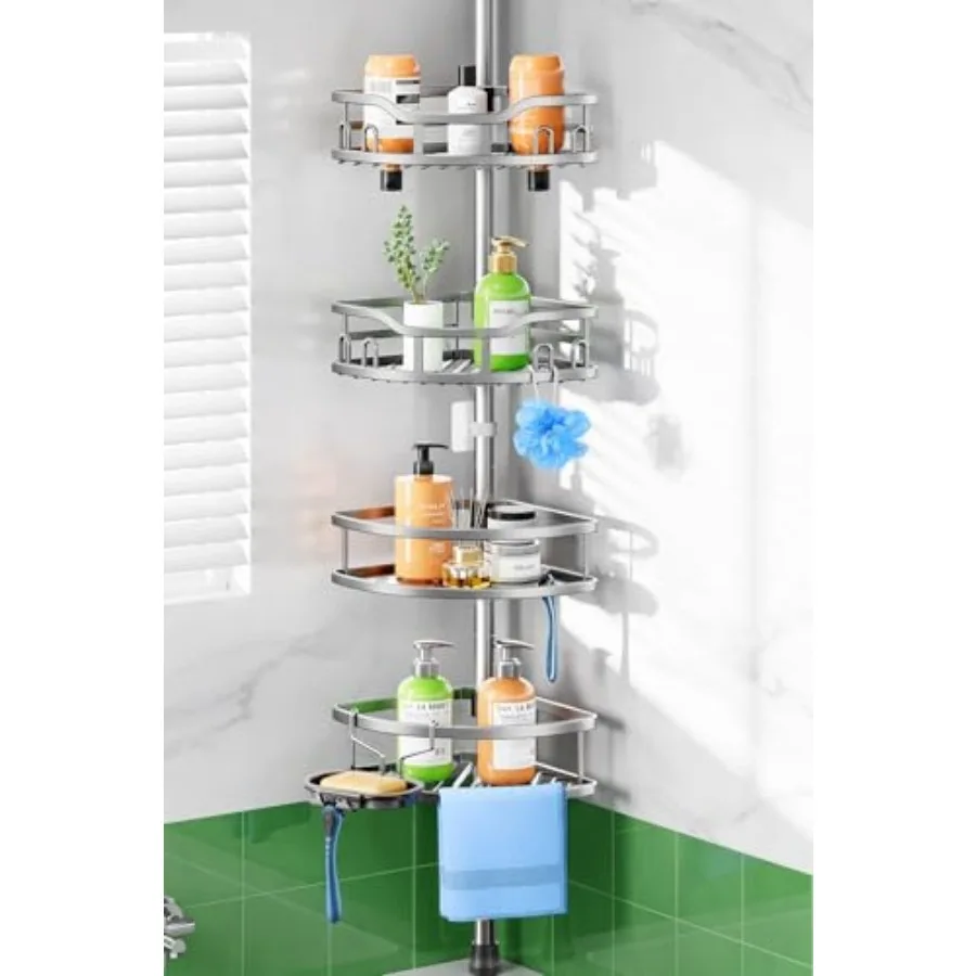 

Shower Caddy Tension Pole: Rustproof Quick Install Corner Bathroom Organizer Shelf on Floor for Renters - 4-Tier Large Capacity