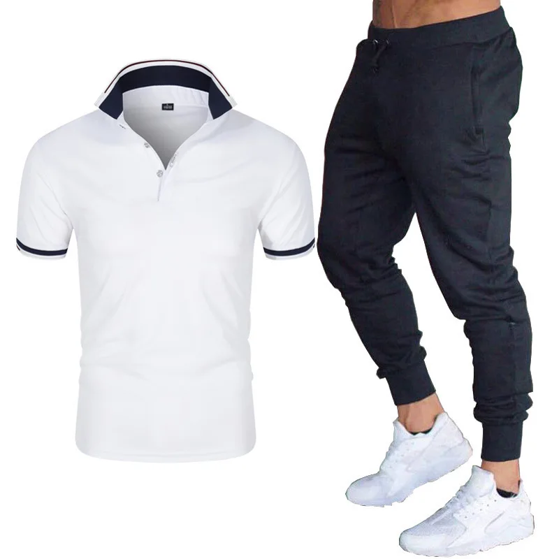 

2025 Men's Solid Color POLO Shirt + Small Foot Sports Pants Suit Street Fashion Men's Sports Tops Trousers Casual Two-piece Set