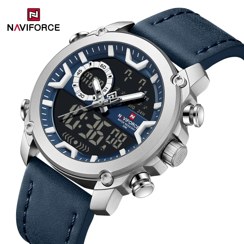 NAVIFORCE 9261 Business Men's Sports Digital Watch Night Light Chronograph Double Screen Waterproof Belt Quartz Watch Reloj