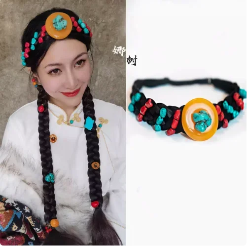 Chinese Tibetan Style Elastic Turquoise Imitation Beeswax Headband Headband