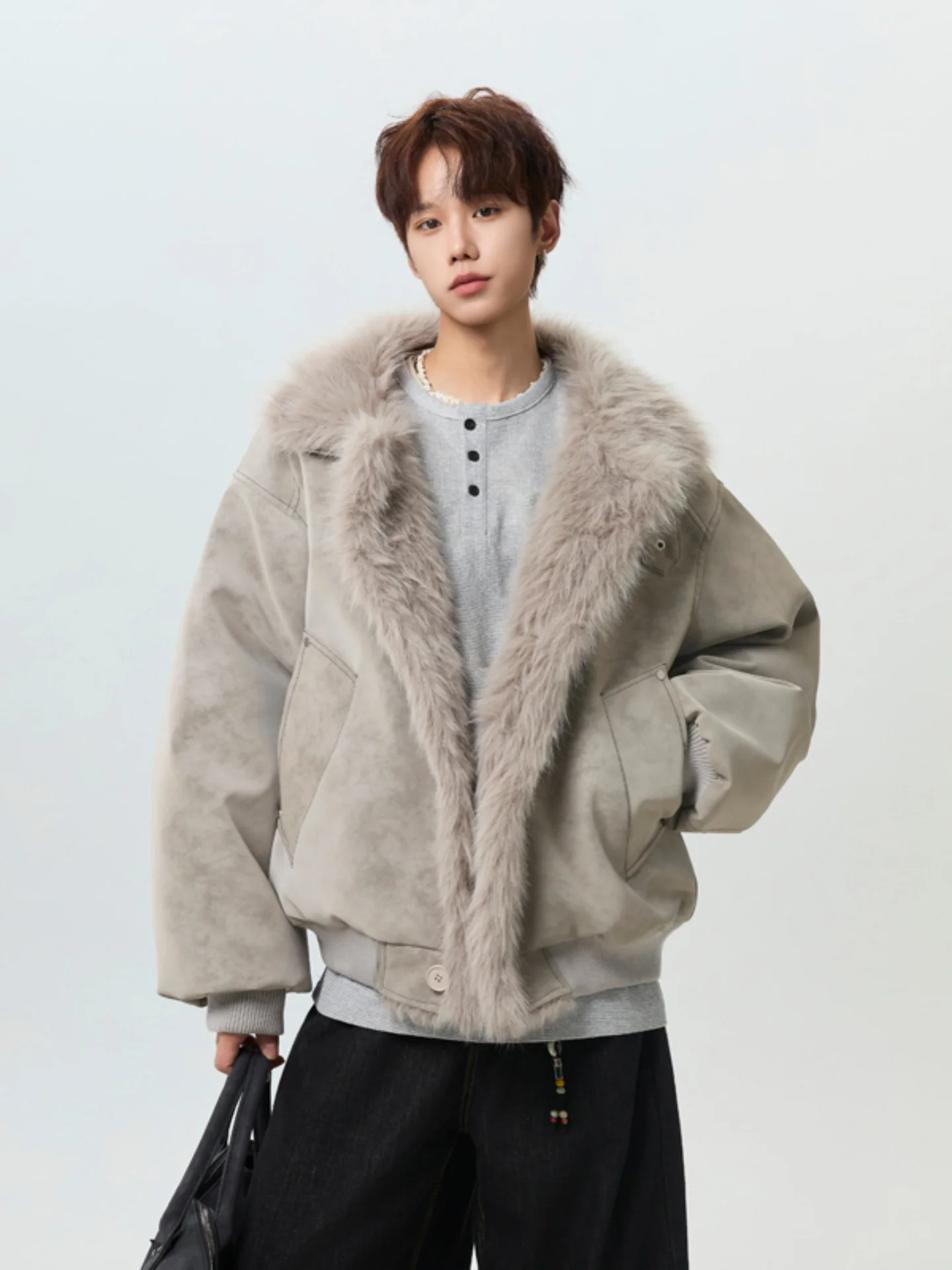 

Men's Thiened Lamb Fur Jaet American Sle Cotton Coat Winter Warm Stand Collar eepskin Leather And Fur Inteated