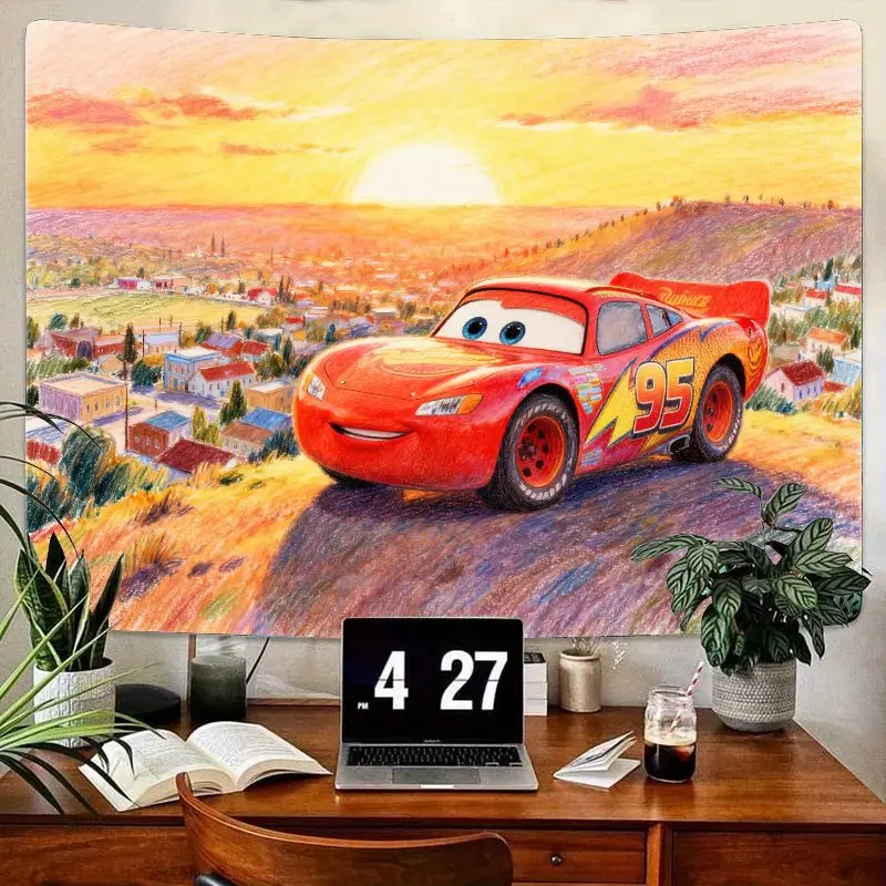 

1PC Disney Pixar Cars Lightning McQueen Tapestry, Vibrant Sketch Art Sunset Wall Hanging for Kids Boys Girls Room Decor Gift