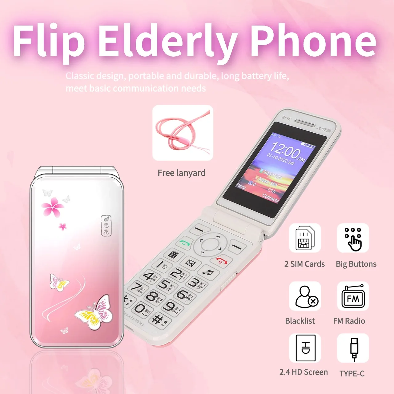 

Lady Girl Folded Mobile Phone Large Display Slim Flashlight Cute Cover Style Loud Speaker Dual Sim Big Push Button Flip Lovely