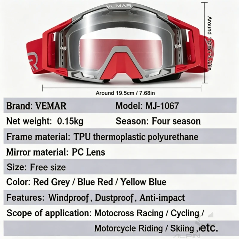 VEMAR High Quality Motorcycle Riding Goggles Dustproof Windproof Motocross Eyewear for Dirt Bike Off-Road Protective Glasses