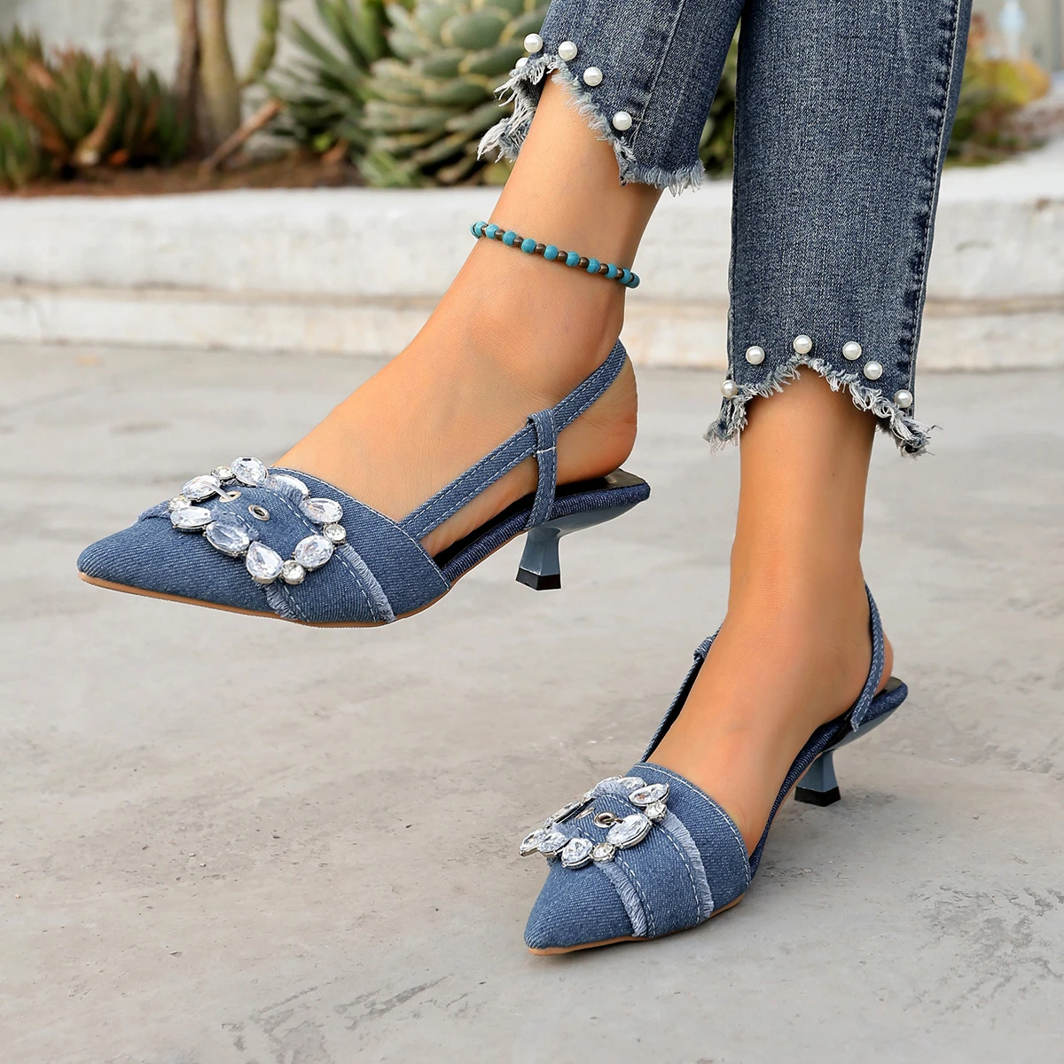 Elegant Denim Slingback Heels with Crystal Buckle Detail, Lightweight & Versatile, Ideal for Office, Parties and All-Day Wear