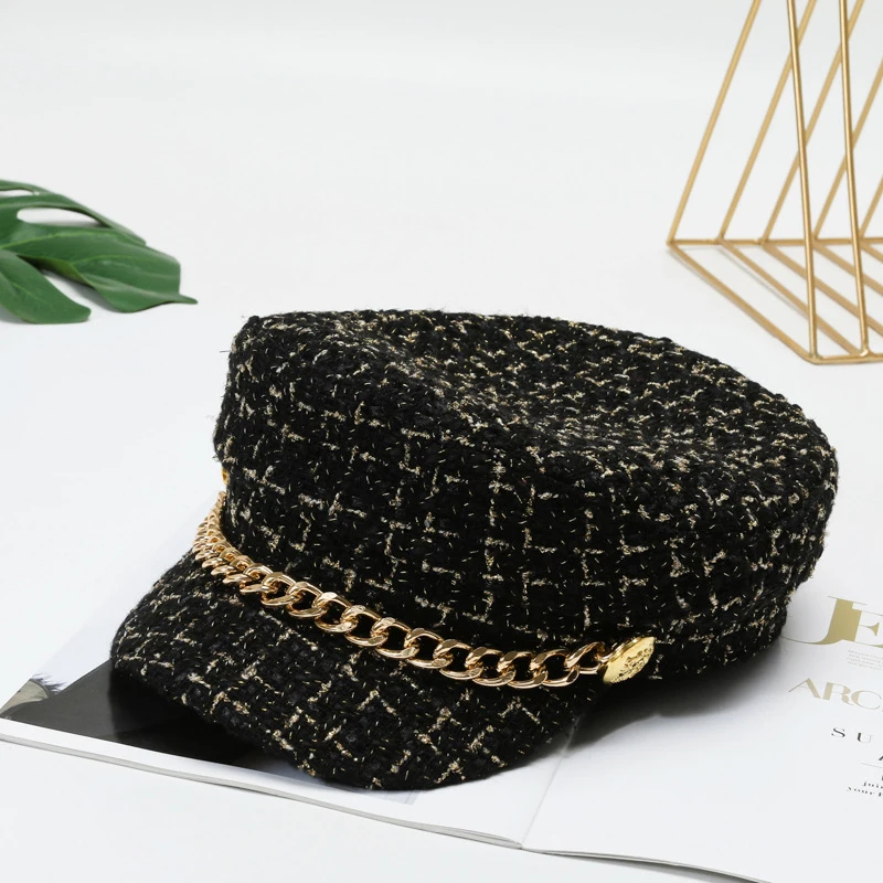 Autumn Winter Pearl Chain Flat Top Navy Hat Fashion Beret Newsboy Caps Berret Woman Octagonal Hats Women\'s Designer Apparel