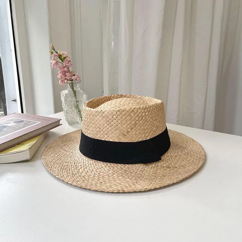 Pure hand-woven raffia flat cap simple fashion color ribbon women\'s hat outdoor beach travel sun hat wholesale spot