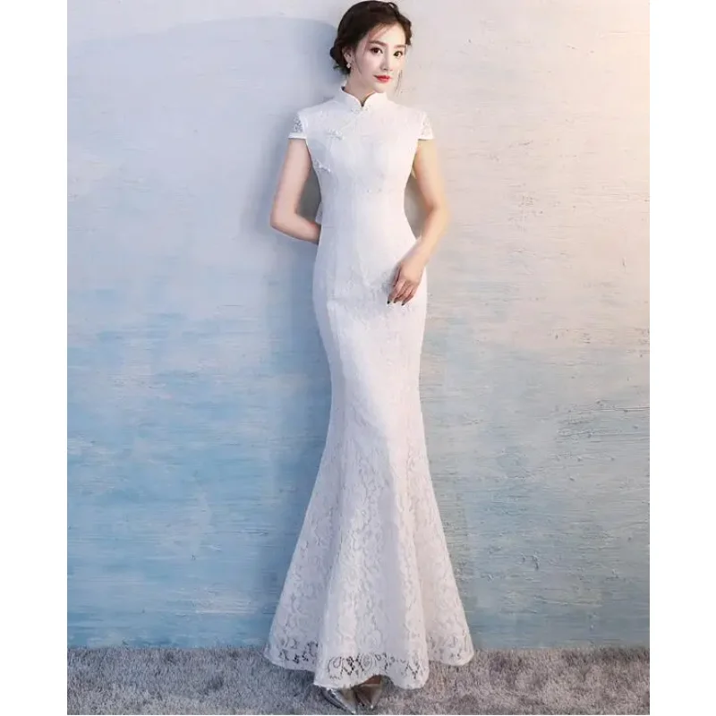 

White Lace Cheongsam Chinese Women Dress Wedding Summer Long Fishtail Stage Vintage