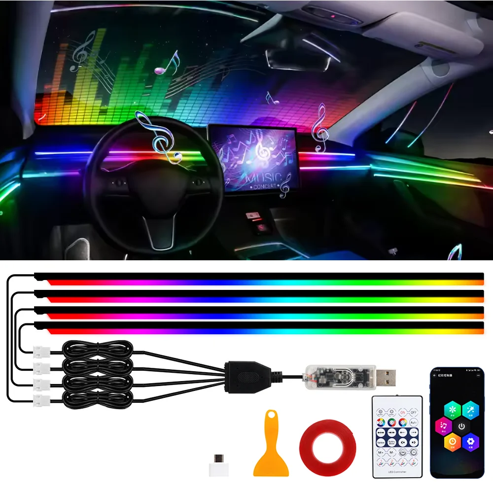 

Car Led Ambient Light USB 68 Colors Acrylic Strips 110cm Full Colors RGB Car Interior Hidden App Remote Control Atmosphere Lamp