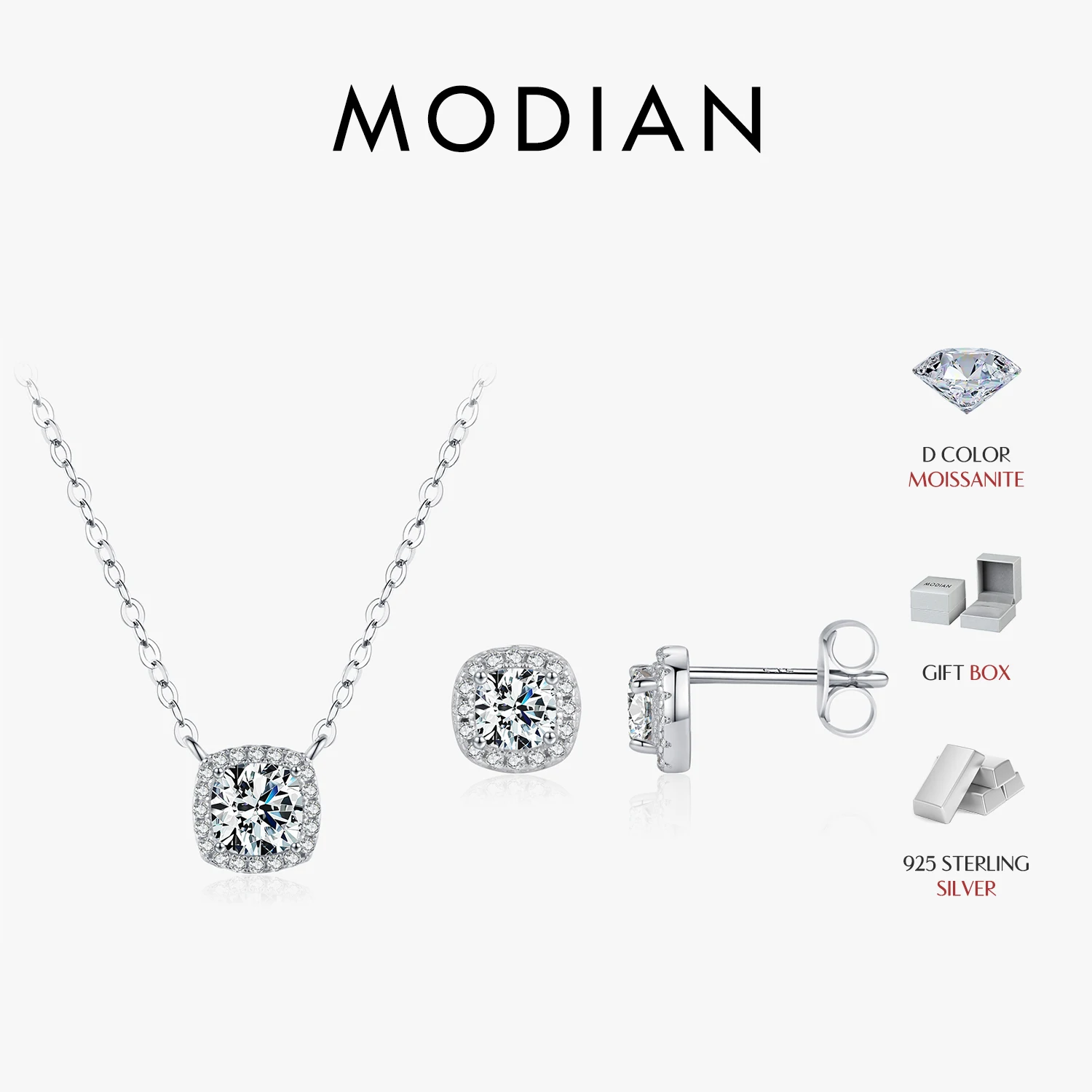 MODIAN Moissanite Luxury Halo Stud Earrings 925 Sterling Silver Sparkling Geometric Necklace For Women Wedding Fine Jewelry Set