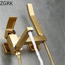 Bathroom Bathtub Faucet Set Hot and Cold Solid Brass Shower Faucet with Handheld Mixer Tap Wall Mounted Rotating Brushed Gold