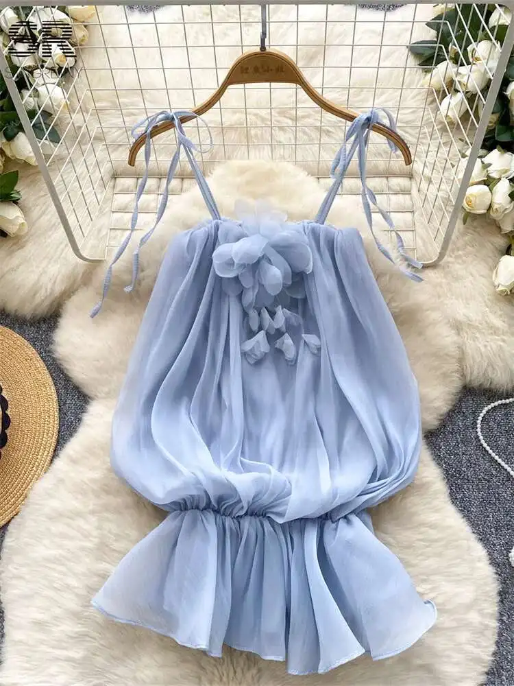 

BabYoung Ruffles Hem Chiffon Tops Summer Solid 2025 Sleeveless Straps Design Slim Women Senior Vacation 3D Flower Camisole