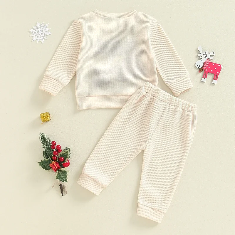 Baby Boy Girl Christmas Waffle Outfit Letter Embroidery Long Sleeve Sweatshirt Elastic Waist Pants 2 Piece Set image 3