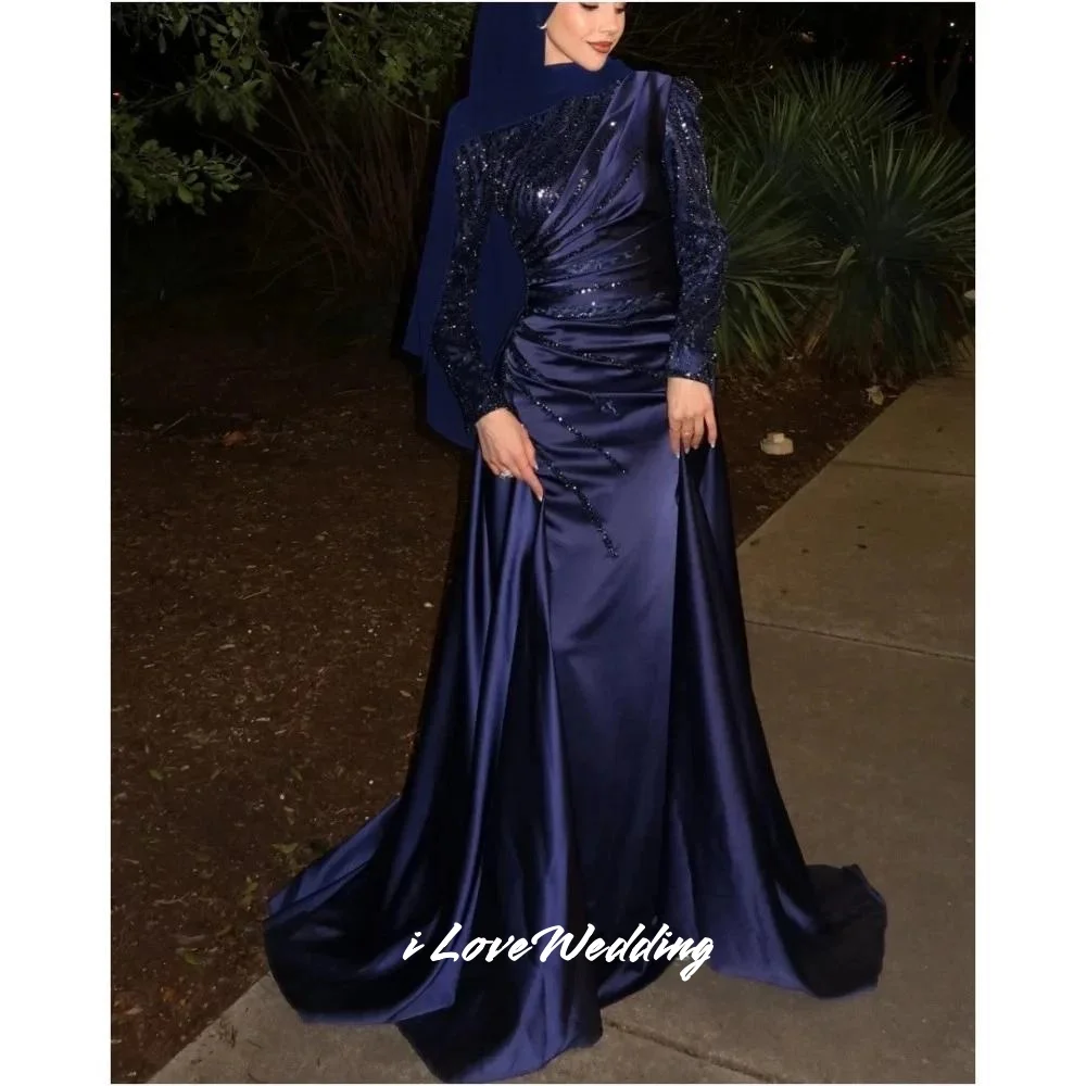 

Dark Blue Evening Dresses 2025 Long Sleeve Sequin Beads A-line Dubai Saudi Arabia Sweep Train Wedding Party Dresses Customized
