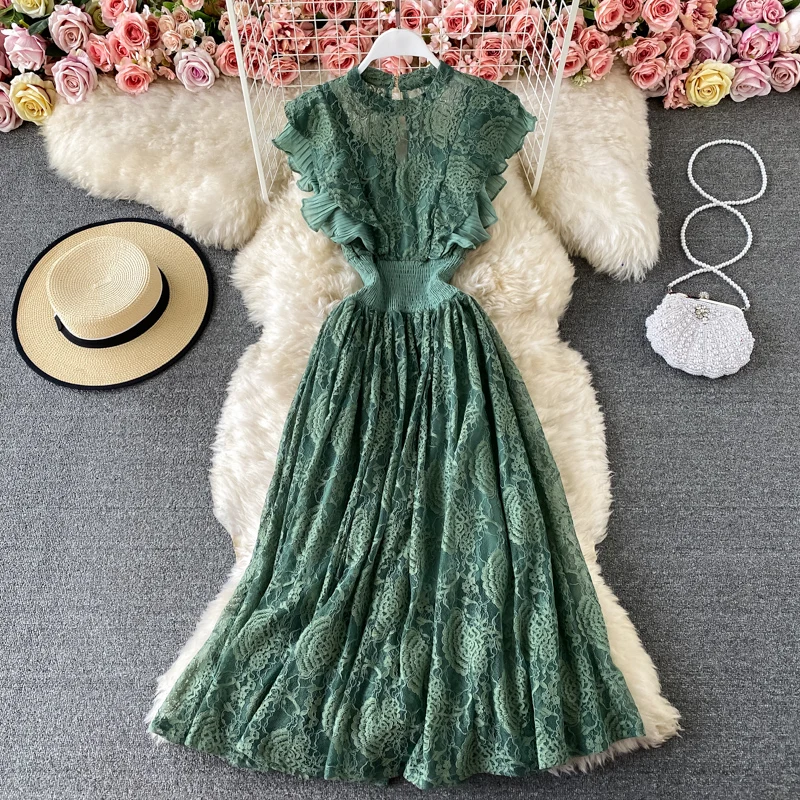 

Vintage Purple/Green/Red Lace Midi Dress Women Sweet Round Neck Ruffle Vestidos Female High Waist Slim Robe Spring Summer 2022